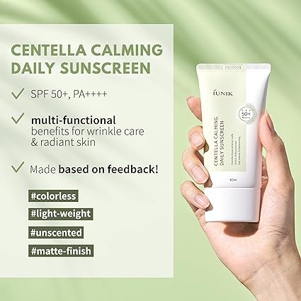 IUNIK Centella Calming Vegan Moisture SPF 50+ PA++++ Non-Sticky No White Cast Light-Weight Daily Sunscreen Reef-Safe UVA UVB Matte-Finish No-Scent 2 Oz Beta-Glucan Dry Oily Sensitive Korean Skincare - Image 3